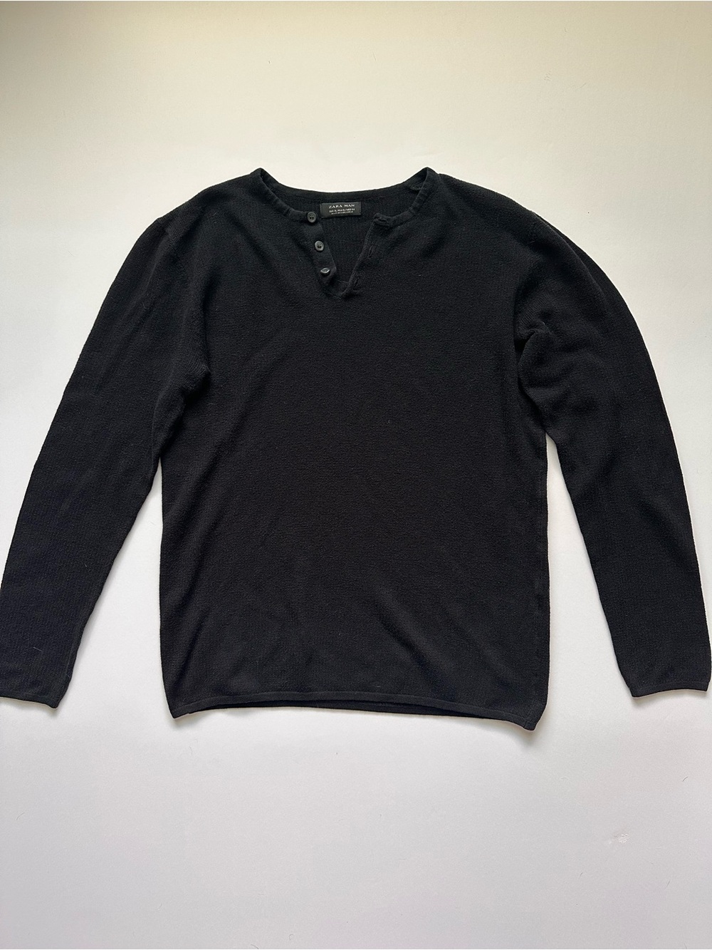 Zara Man Black Henley Waffle Knit Sweater